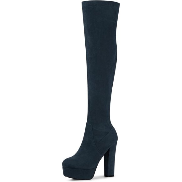 Women Navy Blue Suede Chunky Heel Rounded Toe Over the Knee Thigh High Boots - Picture 1 of 4